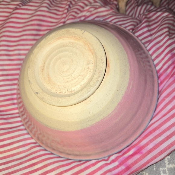 Hand Thrown Studio Art Pottery Bowl in Pink, Blue, & Tan, 8" x 3.5" Tall - Picture 8 of 12